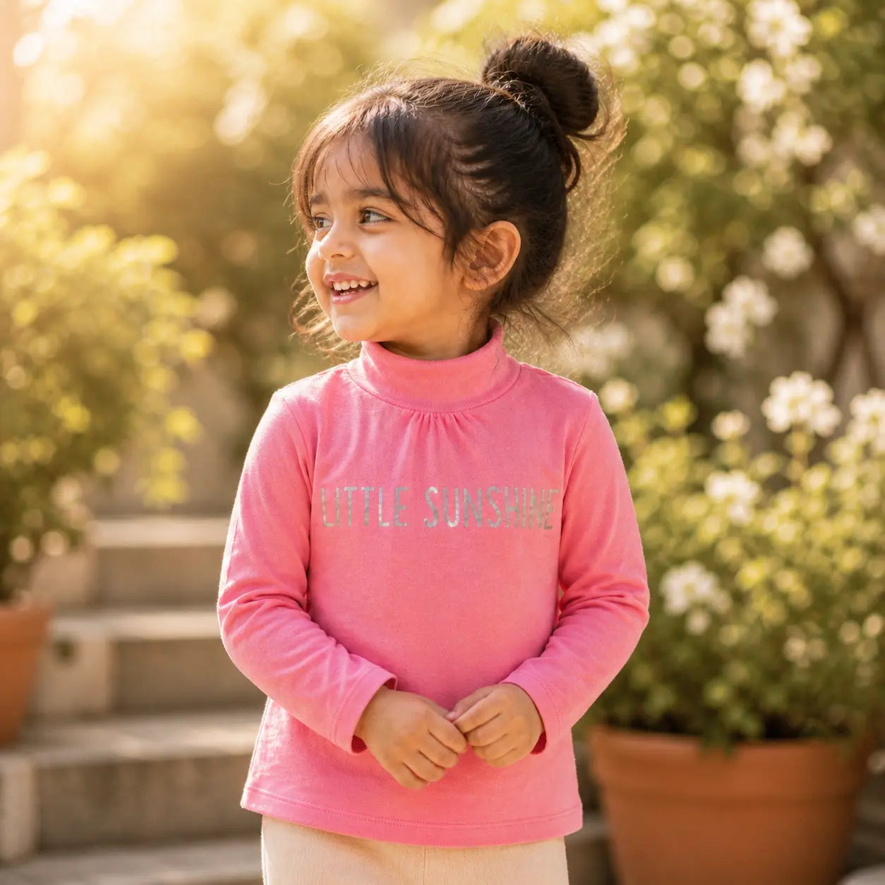 Girls Coral Pink Cotton Printed Full Sleeve Top